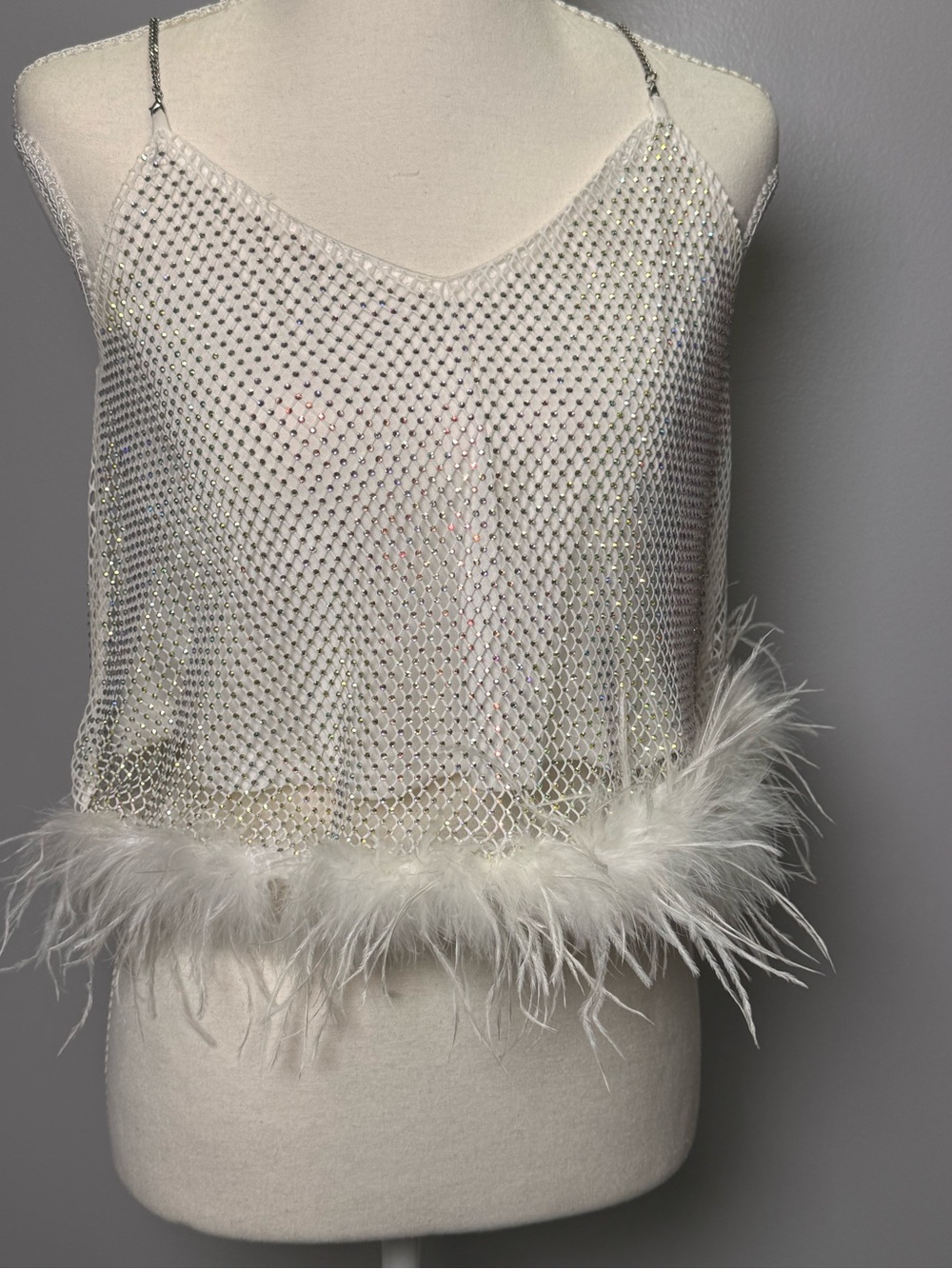 Endless Blu Rhinestone Mesh Feather Trim Crop Top White Size L Rave Party